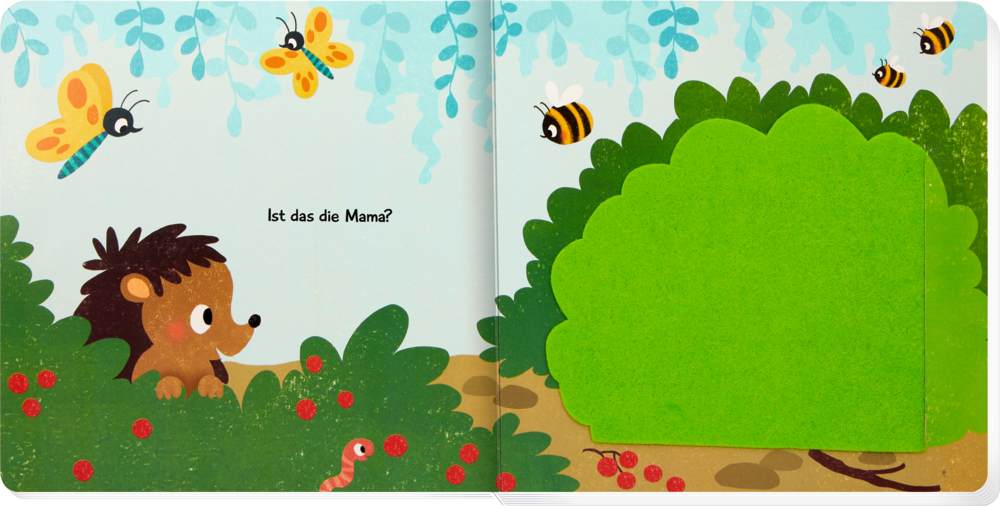 Ein Cartoon-Igel betrachtet Bienen, Schmetterlinge und einen Busch, auf einer Doppelseite mit Text: „Ist das die Mama?.