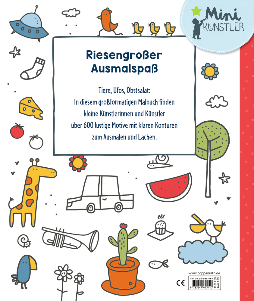 Malbuchrückseite: Bunte Zeichnungen von Giraffe, Auto, Ufo, Vogel, Kaktus, Kuchen, Obst und Pflanzen umgeben Textfeld mit Malbuchtitel.