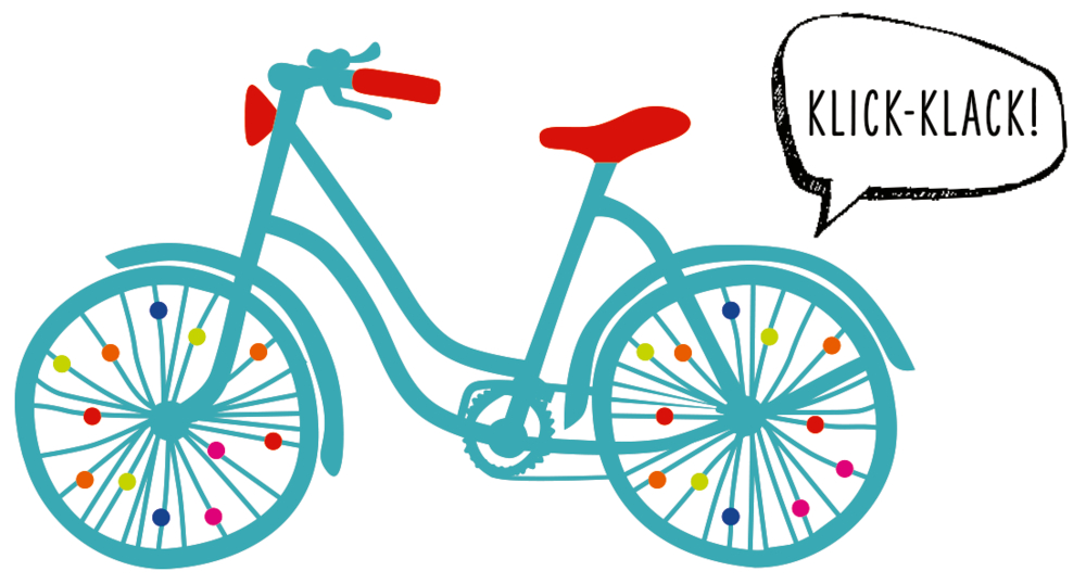 Blaugrünes Fahrrad mit bunten Speichenperlen und einer Sprechblase mit der Aufschrift „KLICK-KLACK!“.