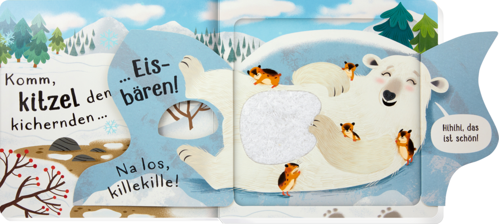 buchinnenabbildung mit lÃ¤chelndem EisbÃ¤ren im Schnee. Kleine braune Tiere kitzeln seinen Bauch.