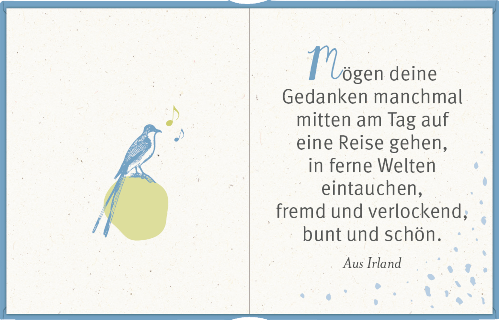 Singender Vogel auf einem Felsen mit einem inspirierenden Zitat über Gedanken und Vorstellungskraft.