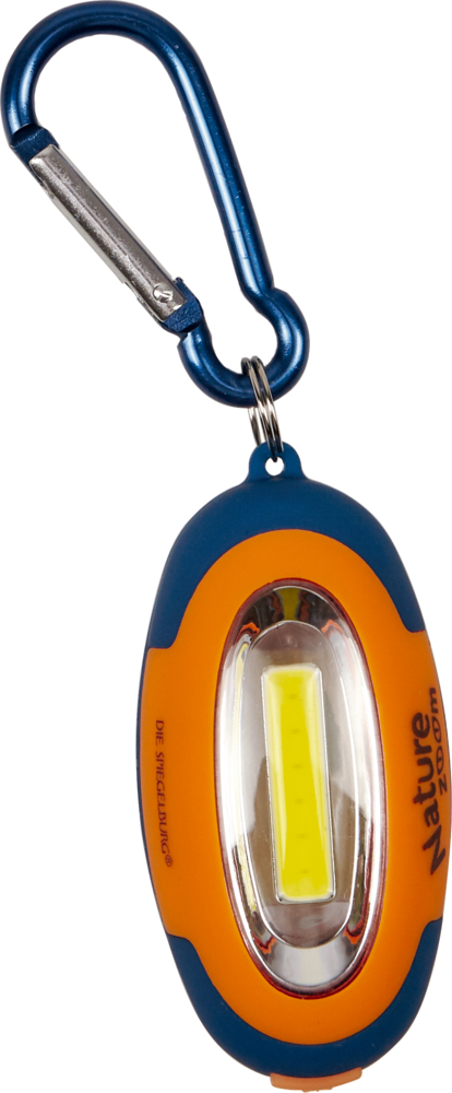 Ovale orange-blaue LED-Schlüsselanhänger-Taschenlampe mit befestigtem silbernen Karabiner.