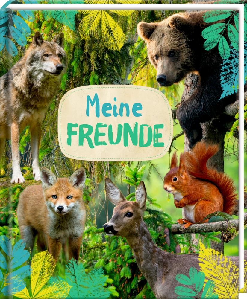Freundebuch-Cover: Wolf, Bär, Fuchs, Reh und Eichhörnchen im Wald mit dem Schriftzug „Meine Freunde“ in der Mitte.