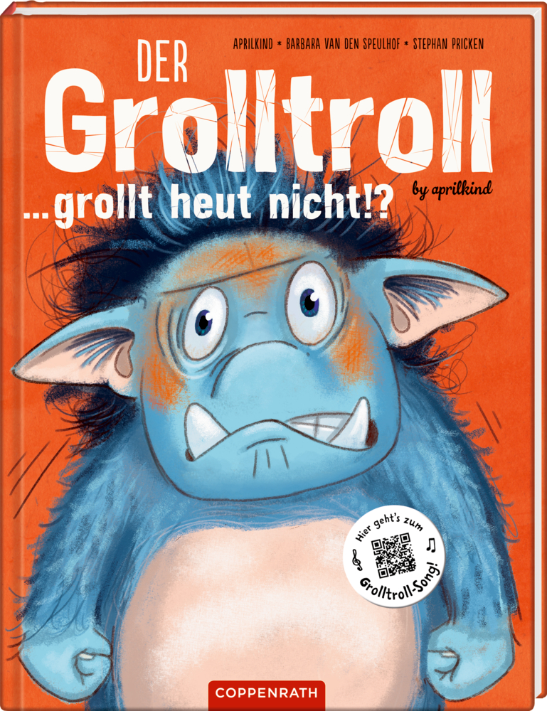 Illustriertes Buchcover: Blauer, mürrischer Troll mit großen Augen vor orangem Hintergrund und dem Titelschriftzug auf dem Cover.