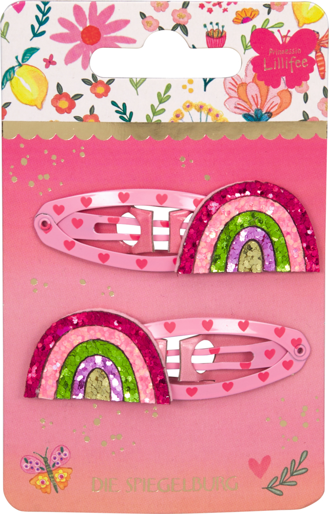 Set aus zwei pinken Haarspangen mit glitzernden Regenbogenmotiven in Pink, Grün, Lila und Gold auf rosafarbener Karte.