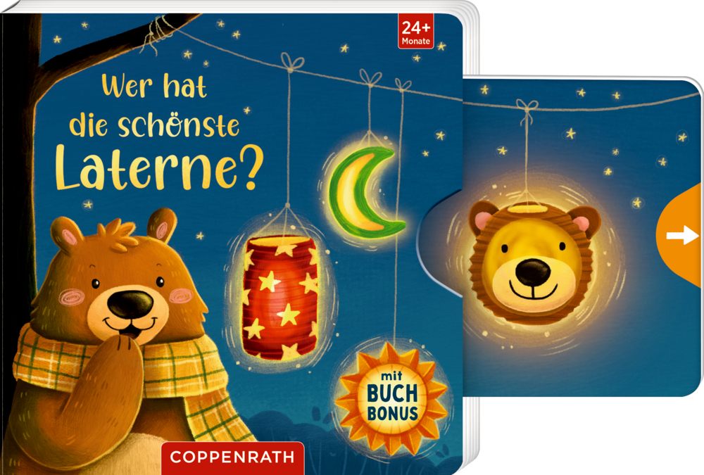 Buchcover mit einem BÃ¤ren und leuchtenden Laternen vor dunkelblauem Himmel. Auf einem herausgezogenen Schieber eine Laterne in LÃ¶wenlaterne.