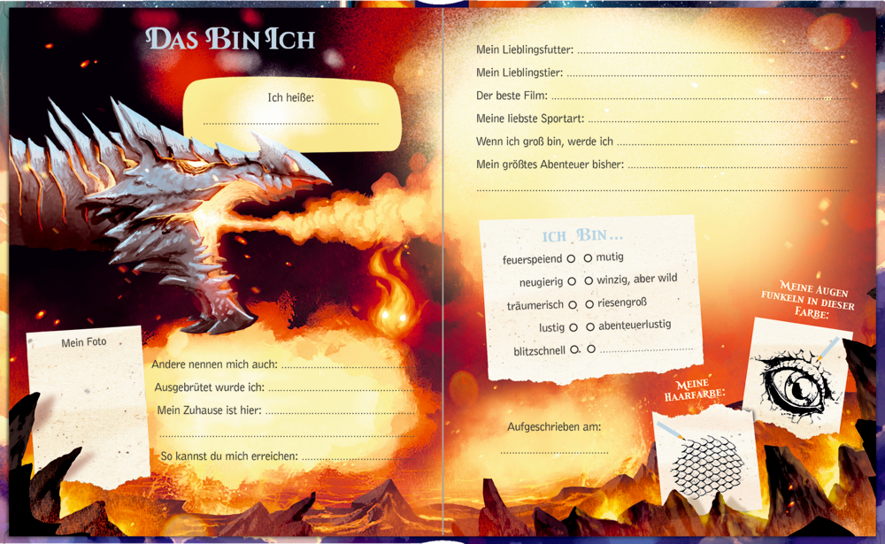 Journalinnenseite mit einem Drachen, Flammen und Feldern zum Ausfüllen persönlicher Informationen.