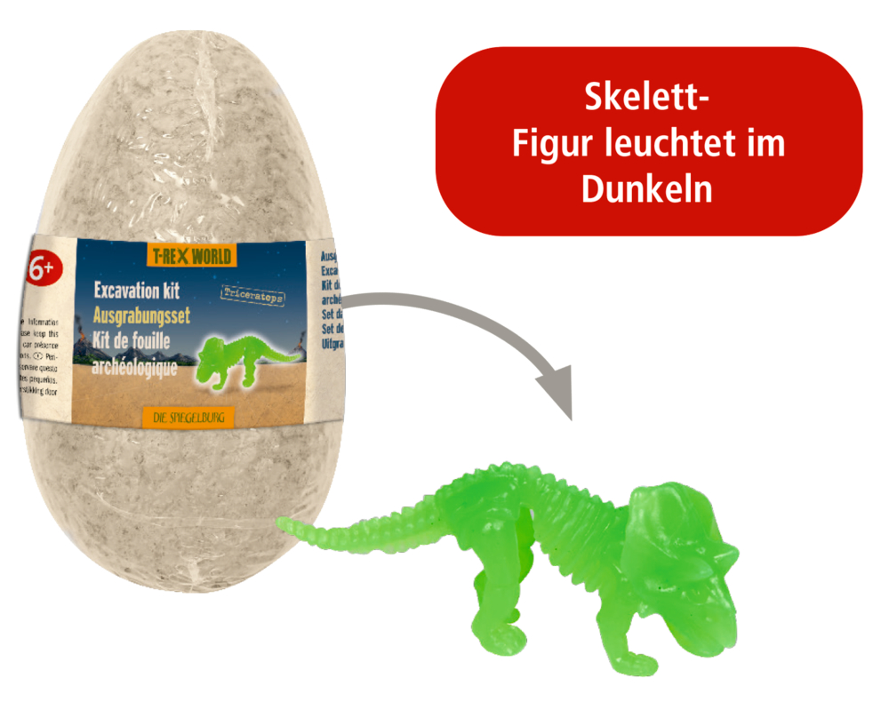 Graues Ei mit Etikett „Ausgrabungsset Triceratops“ und grüne Dinosaurier-Skelettfigur daneben. Hinweistext „Skelett-Figur leuchtet im Dunkeln“.