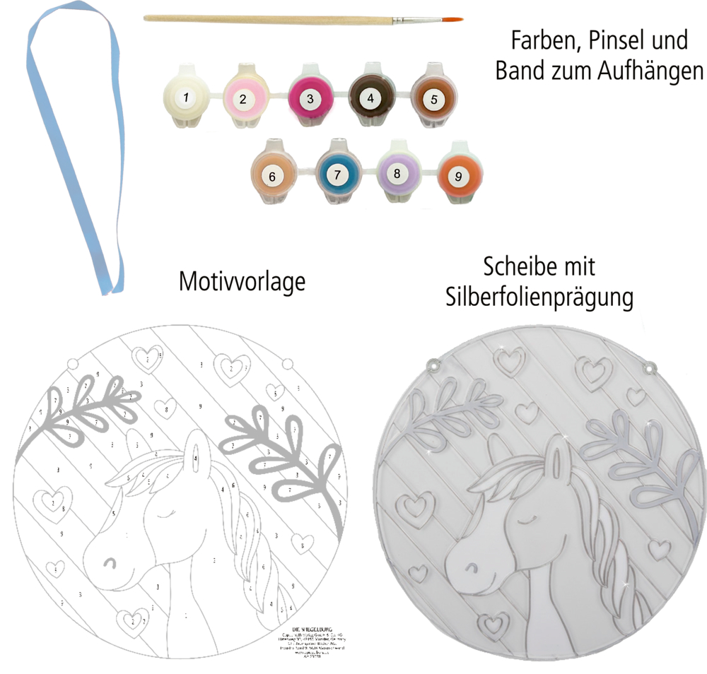 Malset mit neun Farbtöpfchen, Pinsel, blauem Band, runder Einhorn-Motivvorlage und transparenter Scheibe mit Silberprägung.