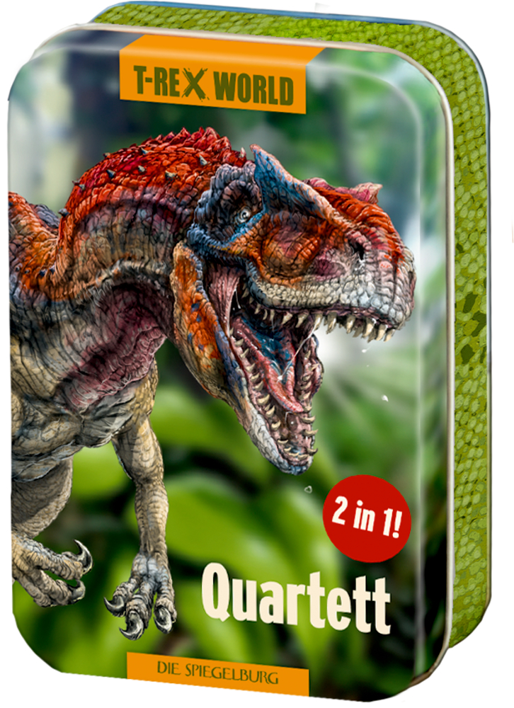 Metalldose mit brüllendem Dinosaurier und dem Text „T-Rex World Quartett 2 in 1! Die Spiegelburg“ auf dem Deckel.