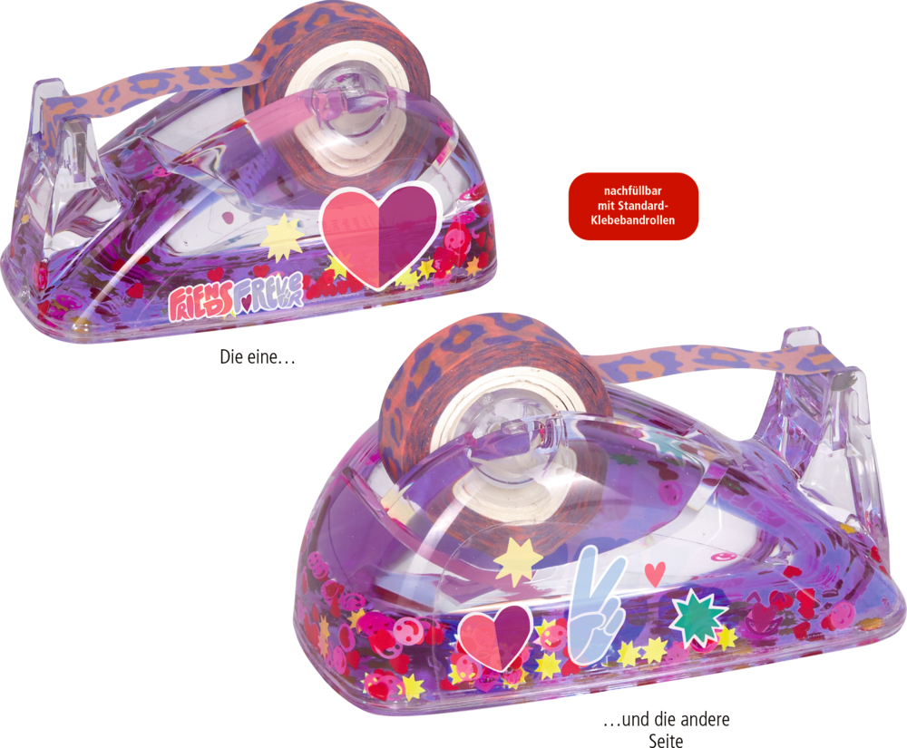 Transparenter Klebebandabroller mit lila und rosa Deko, Herz- und Sternmotiven und Leopardenmuster-Klebebandrolle, beidseitig gezeigt.