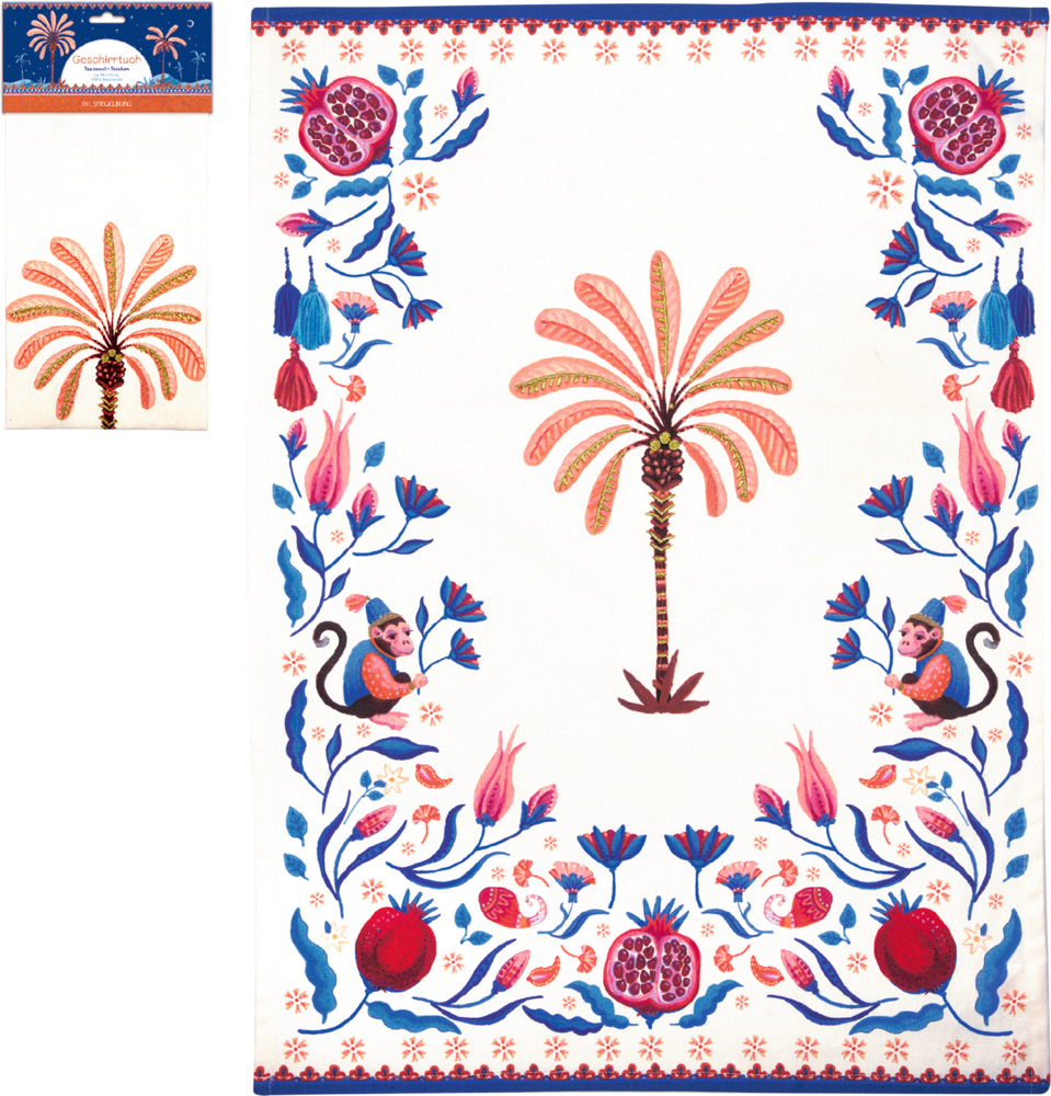 Cremefarbendes Geschirrtuch mit bunter Palme in der Mitte, umrahmt von Blüten, Granatäpfeln und zwei Affen in Rosa und Blau, daneben eine Ansicht der Produktverpackung.