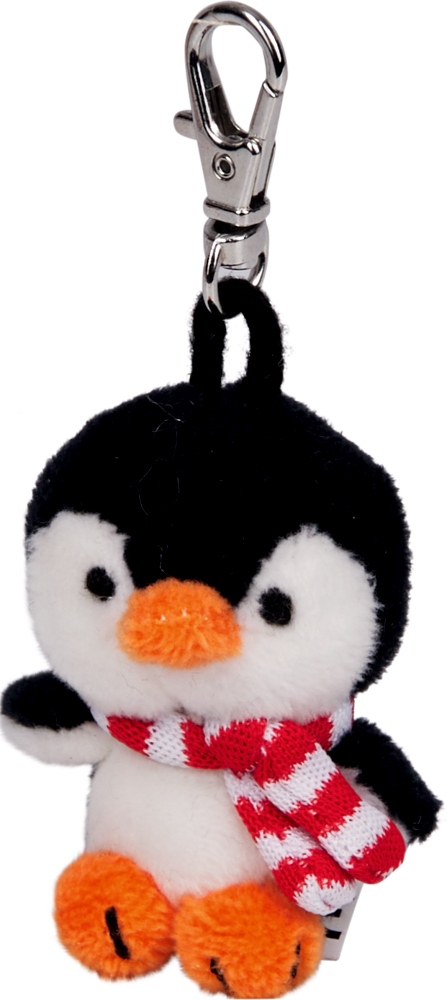Plüsch-Pinguin-Schlüsselanhänger mit rotem und weißem Schal sowie orangefarbenem Schnabel und Füßen.