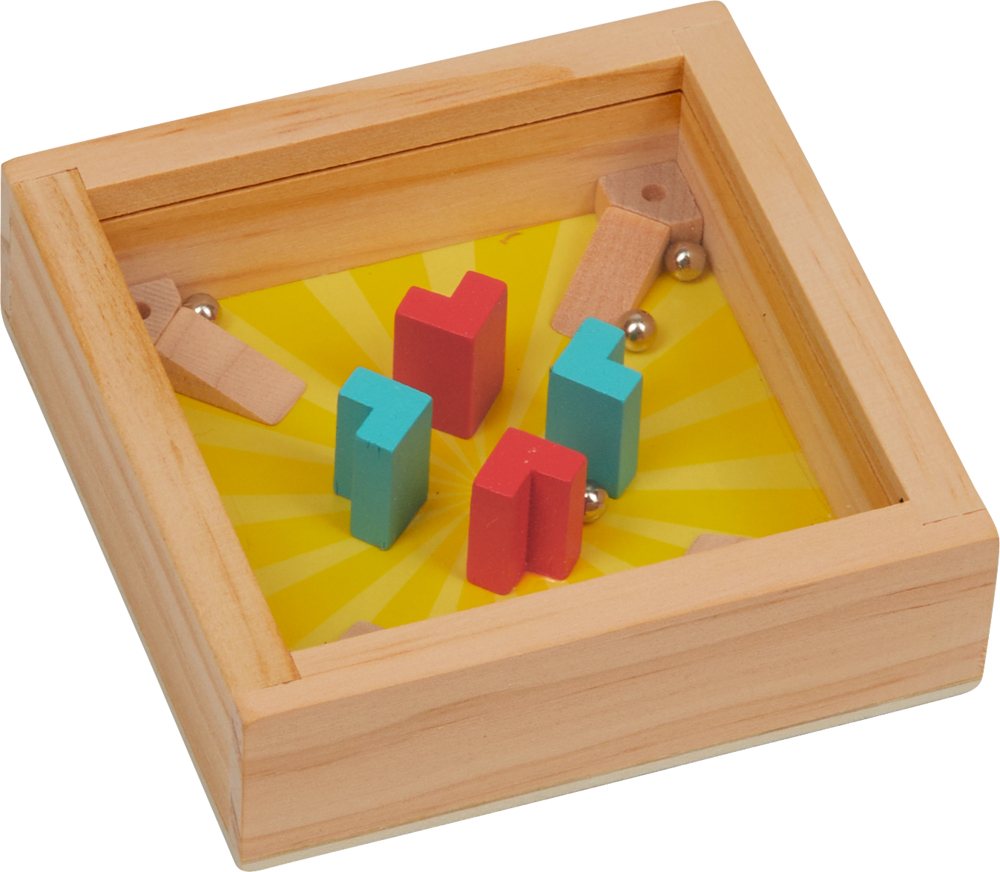 Hölzernes, quadratisches Geschicklichkeitsspiel in Form eines Flippers mit bunten Blöcken und Metallkugeln auf einem leuchtend gelben Hintergrund.
