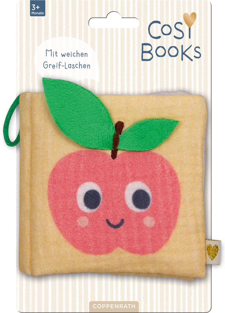 Stoffbuch mit appliziertem roten Apfel auf einer Pappkarte.