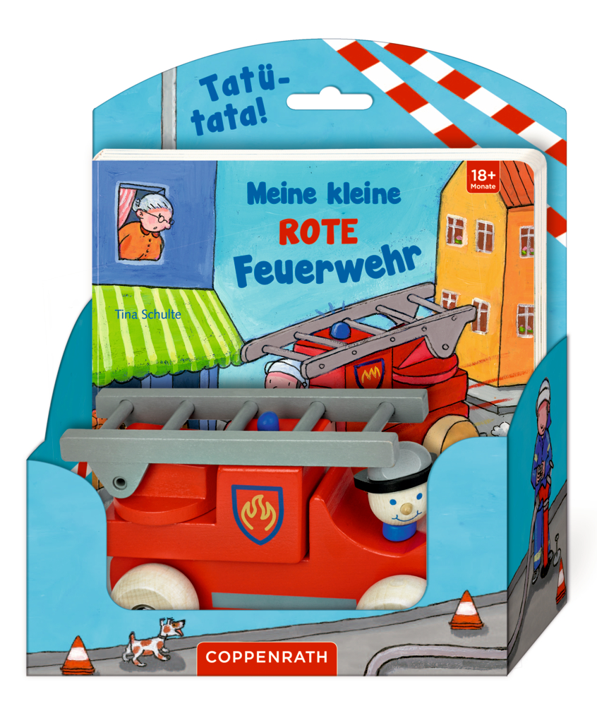 Rotes Spielzeug-Feuerwehrauto mit Leiter und Feuerwehrmann, inklusive Kinderbuch über Feuerwehrautos.