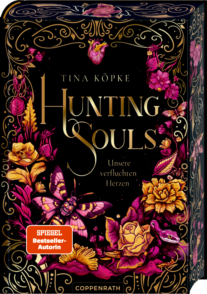 Verzierter Buchumschlag mit Blumenmuster in Lila und Gold für „Hunting Souls -Band 2“ mit einer detaillierten Mottenillustration.