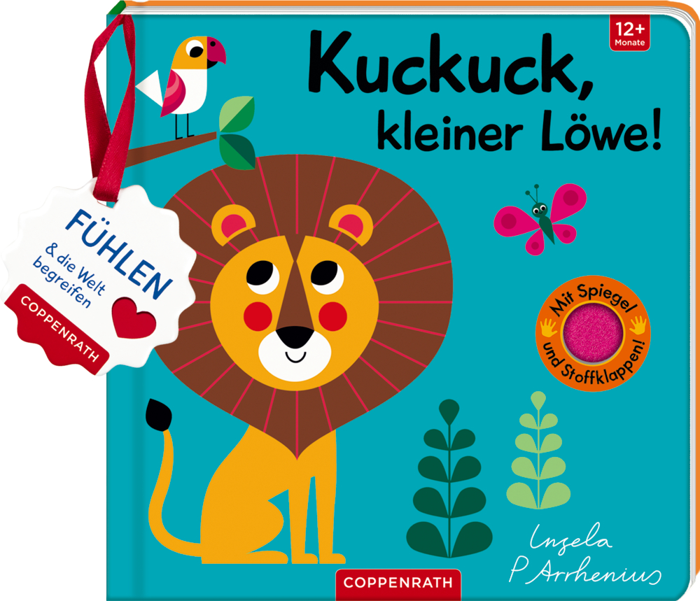 Farbenfrohes Kinderbuchcover: -öwe, Vogel und Blätter; der Titeltext lautet „Kuckuck, kleiner Löwe!“.