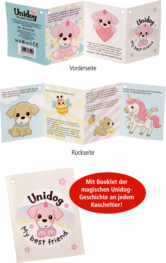 Gefaltetes Unidog Booklet mit Zeichnungen von einem Einhornhund, einer Biene, einem Einhorn und dem Text My best friend.