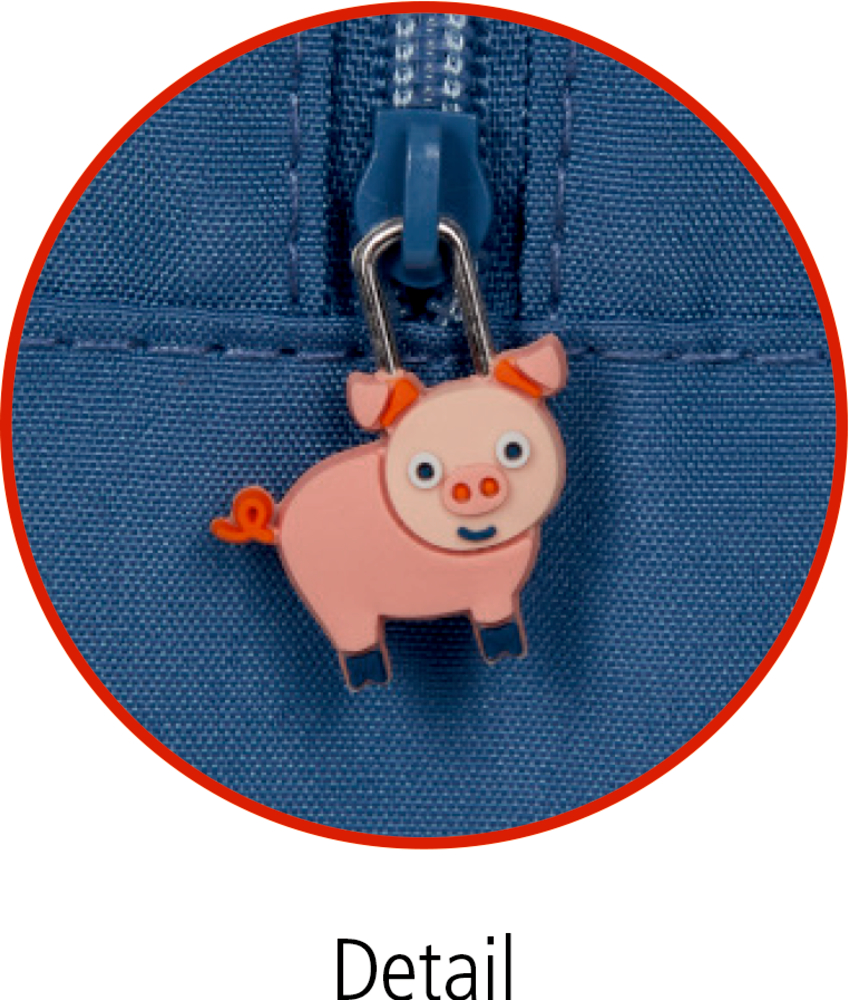 Nahaufnahme eines niedlichen rosa Reißverschlussanhängers in Schweineform.