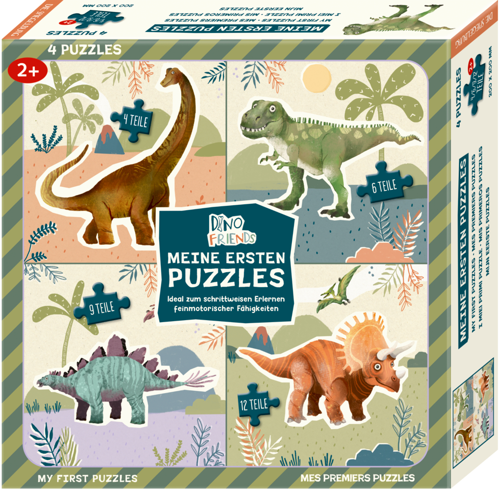 Puzzle-Set mit vier Dinosauriermotiven in verschiedenen Farben und Teilzahlen für Kleinkinder ab zwei Jahren.