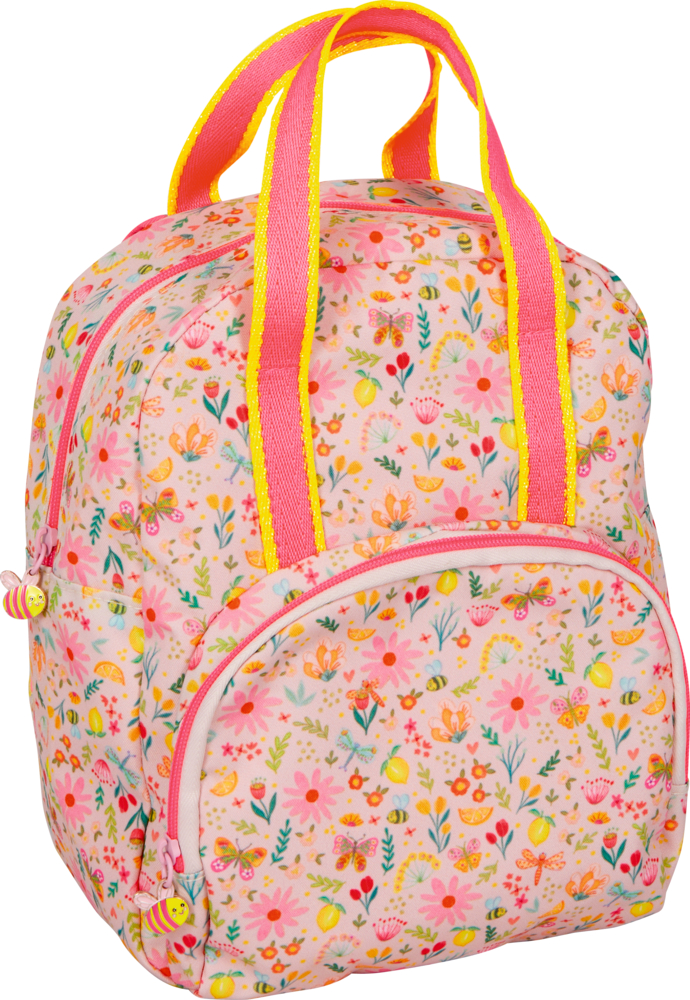 Rosa Rucksack mit gelben und rosa Griffen, verziert mit bunten Blumen und Schmetterlingen.