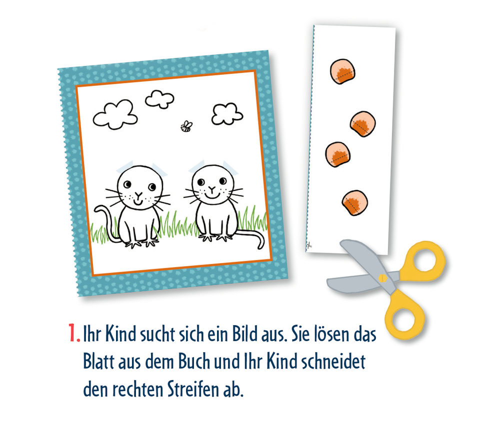 Anleitung zum basteln mit zwei Comic-Mäusen, einem Streifen mit vier Ohren und eine Schere auf einem blauen gepunkteten Hintergrund.