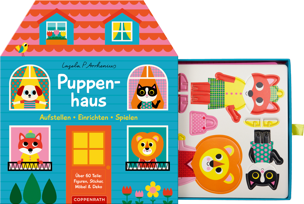 Papppuppenhaus mit herausgezogenem Bastelbogen.