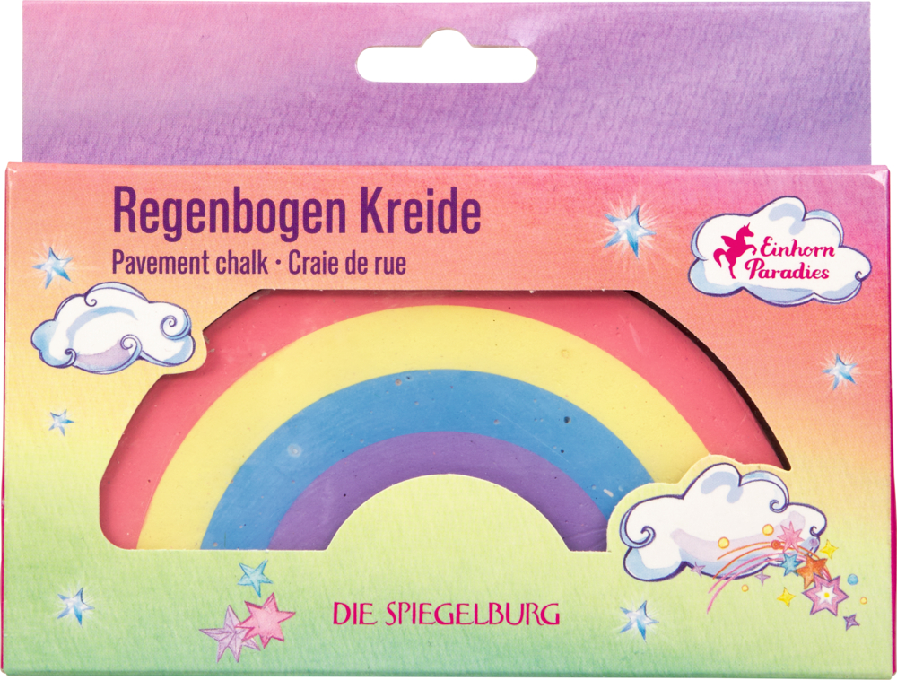 Box mit Regenbogen Kreide, darauf Wolken, Sterne und Text.