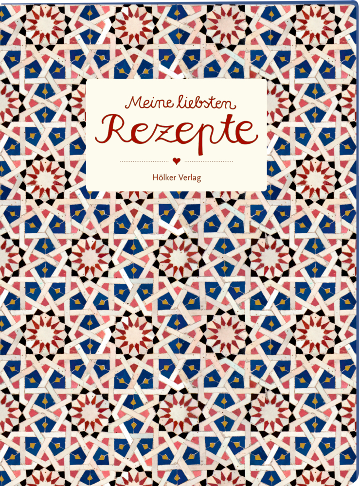 Rezeptbuchcover mit geometrischem Design in Blau, Rot und Weiß und dem deutschen Titel „Meine liebsten Rezepte“.