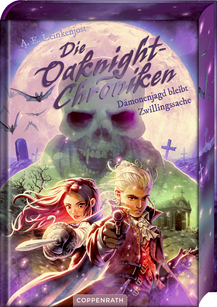 Buchcover mit zwei bewaffneten Jugendlichen und großem Totenschädel auf lila beleuchtetem Friedhof.