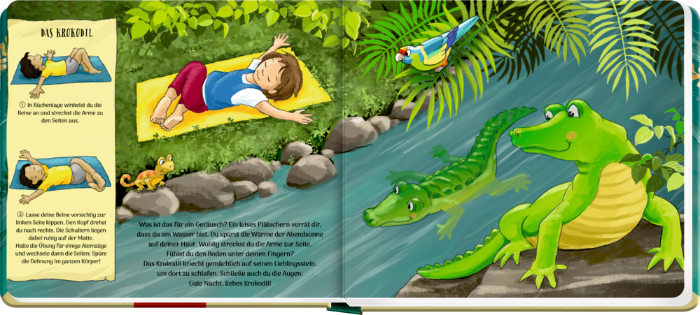 Ein Kind dehnt sich auf einer gelben Matte am Fluss aus. Krokodile, ein Papagei und grüne Pflanzen sind zu sehen.