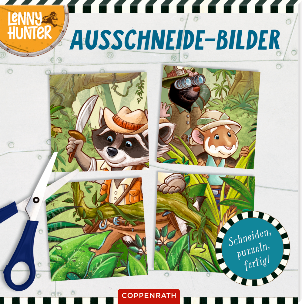 Buchcover mit vier Ausschnittbildern mit gezeichneten Tierfiguren im Dschungel, darunter Schere und Schrift „Schneiden, puzzeln, fertig!“.