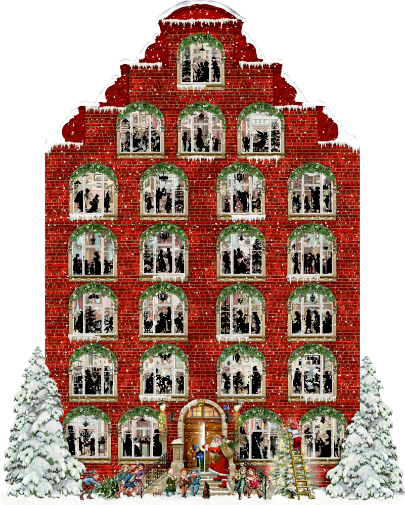 Festliches BacksteingebÃ¤ude mit verschmÃ¼ckten Fenstern, verschneiten BÃ¤umen und Kindern beim Weihnachtsmann.