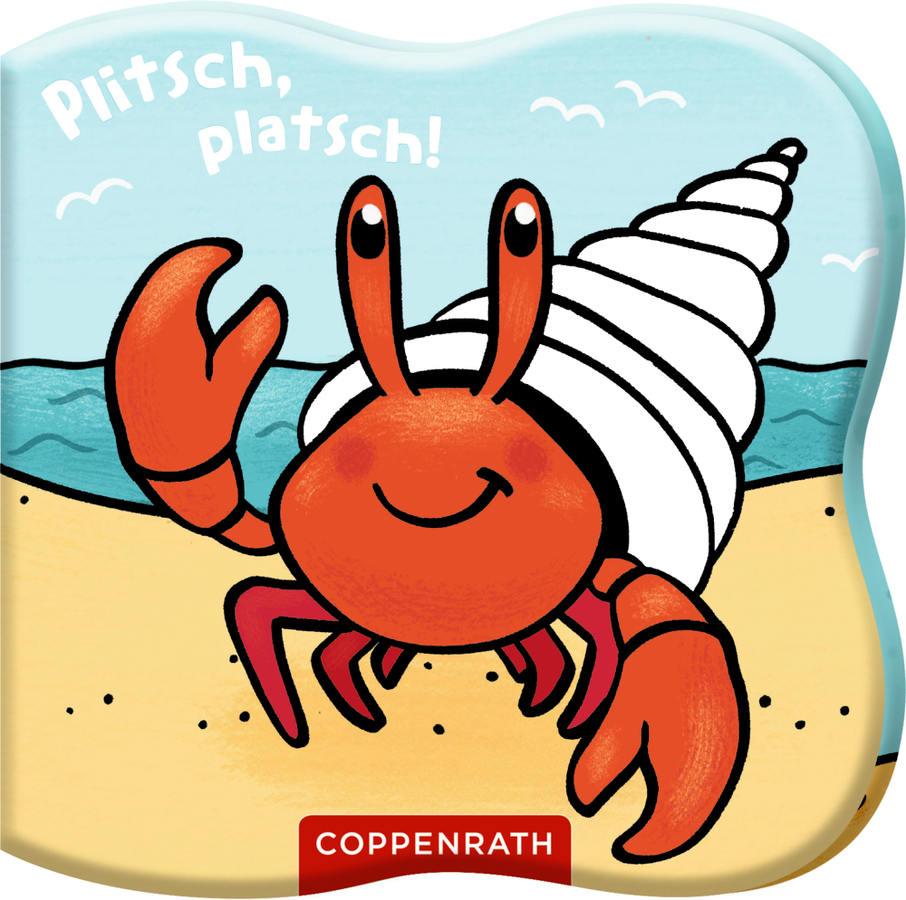 Ein lächelnder Cartoon-Einsiedlerkrebs mit einem weißen Panzer an einem Strand, auf dem cover von „Plitsch, platsch!“.