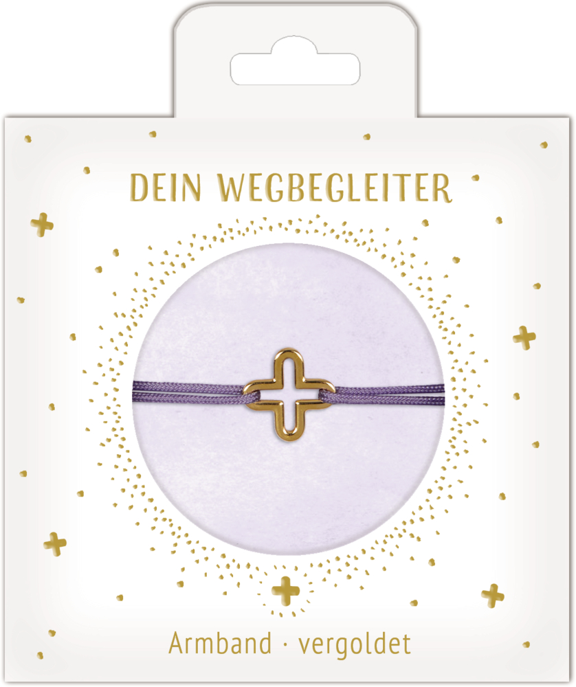 Goldkreuz-Armband auf lila Kordel in weißer Verpackung mit goldenen Akzenten, Text: Dein Wegbegleiter.