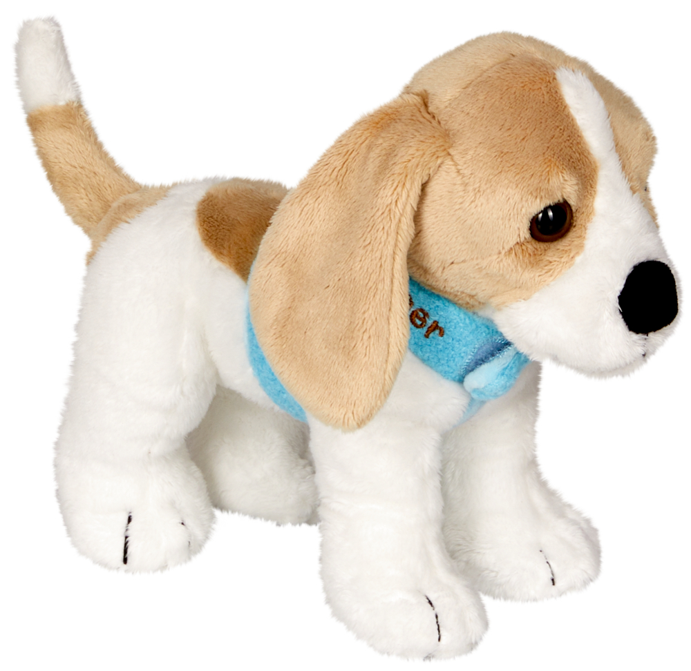 Plüsch-Beagle mit braunem und weißem Fell und blauem Halsband.