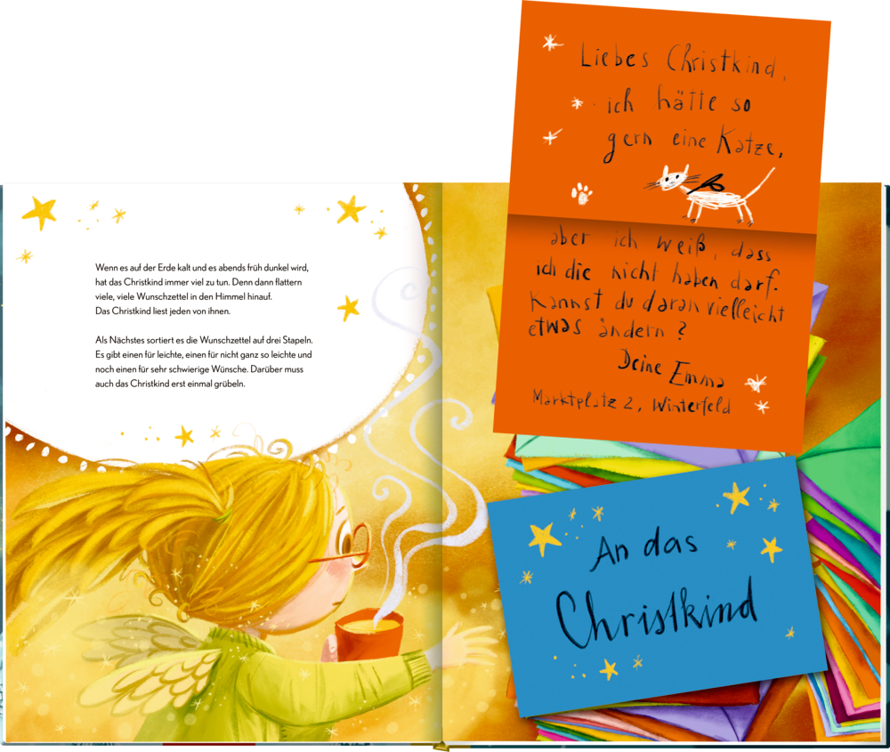Innenansicht mit deutschem Text, ein Kind mit Brille schreibt einen Brief an das Christkind, auf der rechten Seite erscheinen bunte Notizen.
