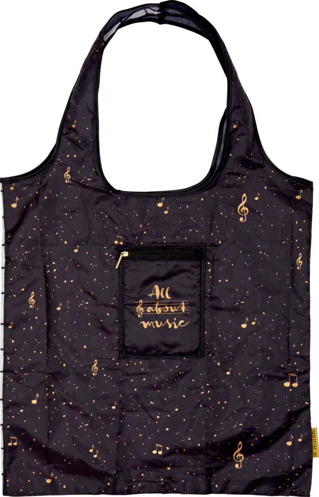"Schwarze Einkaufstasche mit goldenen Musiknoten, Fronttasche und Aufschrift „All about music“ in Gold."