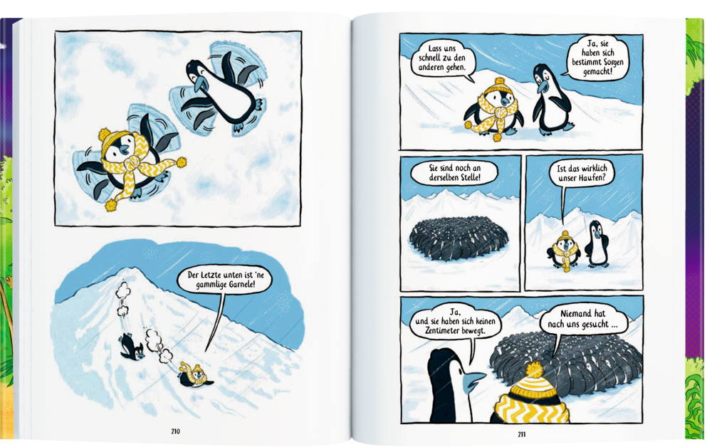 Buchinnenseite mit zwei Comic-Tieren, die auf einem schneebedeckten HÃ¼gel unter hellem Nordlicht in einem sternenklaren Nachthimmel liegen.
