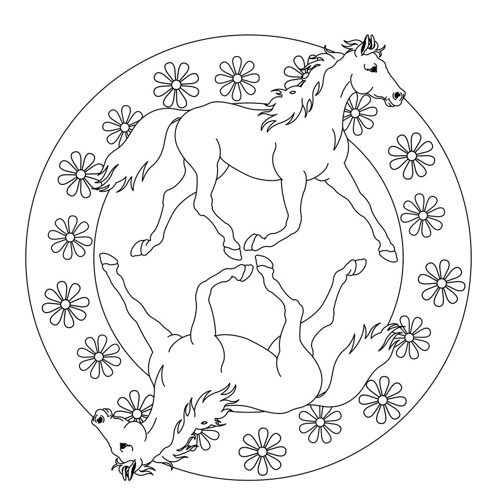 Zwei stilisierte Pferde in entgegengesetzten Richtungen in einem Kreis, umgeben von Blüten.