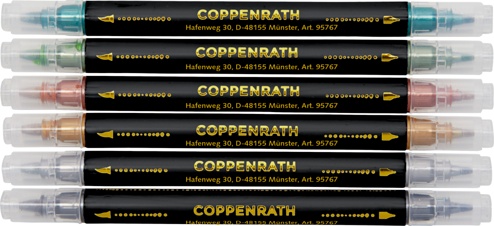 Sechs doppelseitige COPPENRATH-Marker in verschiedenen Farben, horizontal gestapelt, sodass beide Spitzen sichtbar sind.