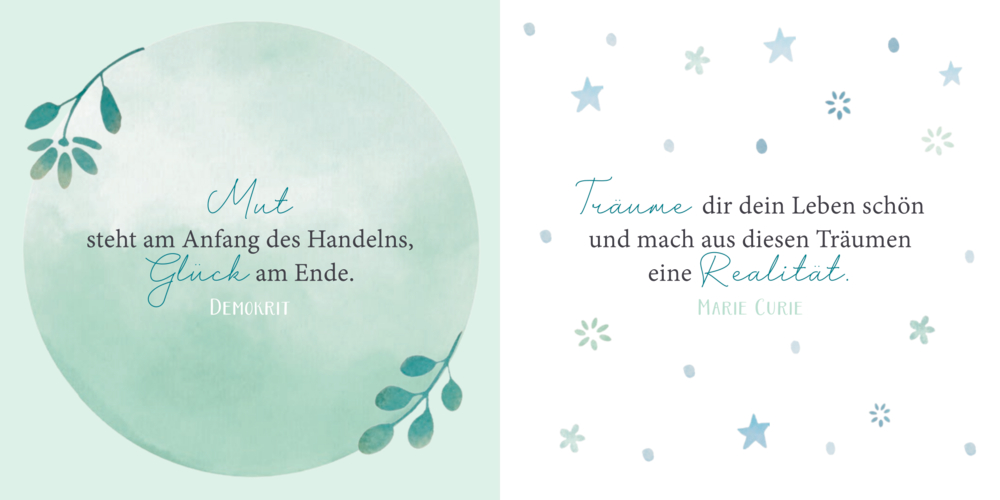 Zwei Zitatekarten mit Sprüchen von Demokrit und Marie Curie, verziert mit Blättern und Sternen in Pastellfarben.