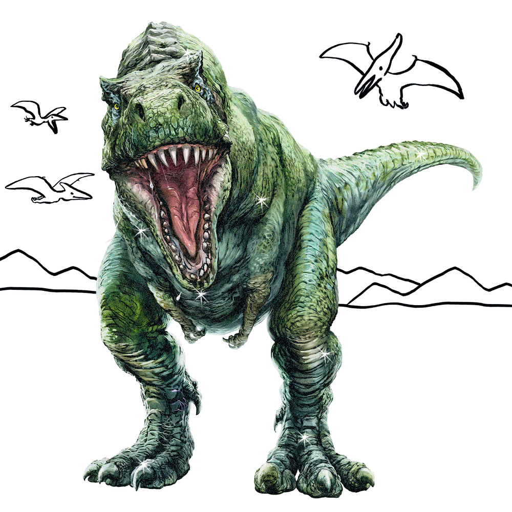 Innenabbildung eines brüllenden grünen T. Rex, der vor einer skizzierten Kulisse aus Bergen und fliegenden Flugsauriern steht.