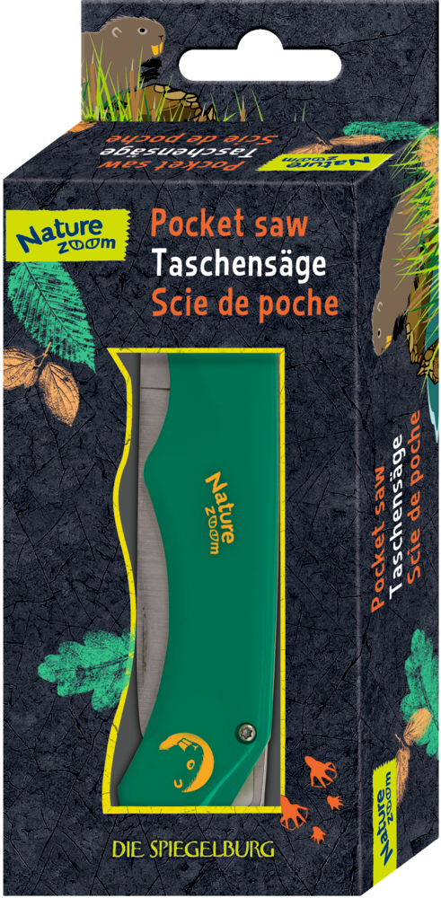 Nature Zoom Taschensäge in grüner Verpackung mit Tier- und Blättergrafiken.