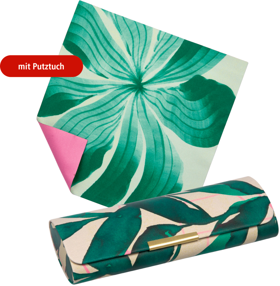 Brillenetui mit grünem Blättermuster und passendem Putztuch mit grünem Blattdesign und rosa Rückseite.