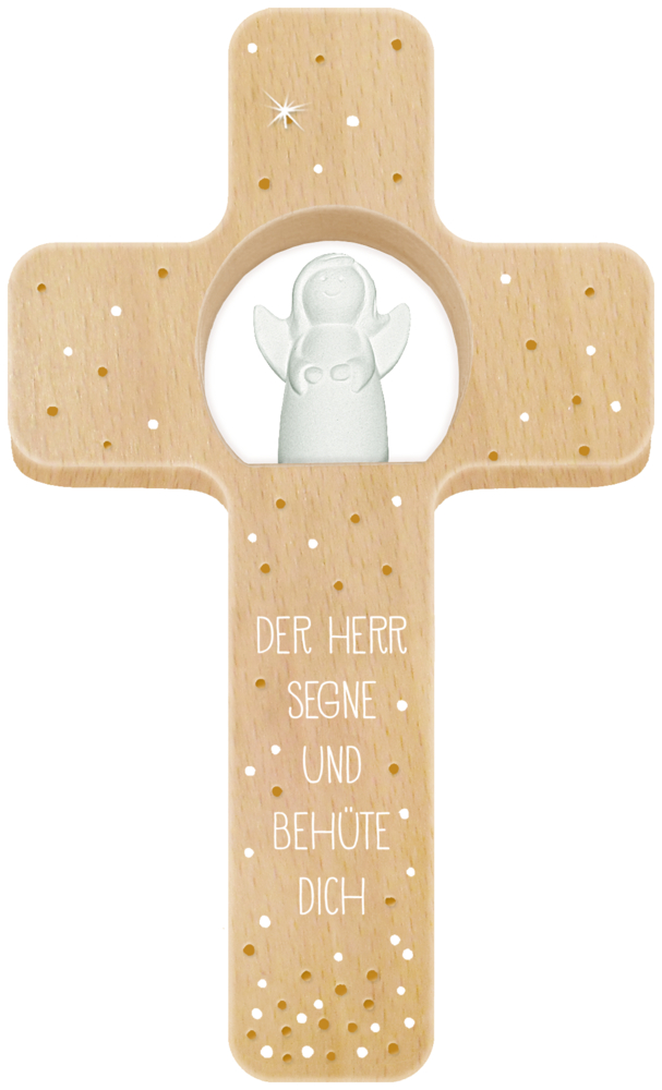 Holzkreuz mit weißer Engelsfigur und dem Text: „Der Herr segne und behüte dich“.