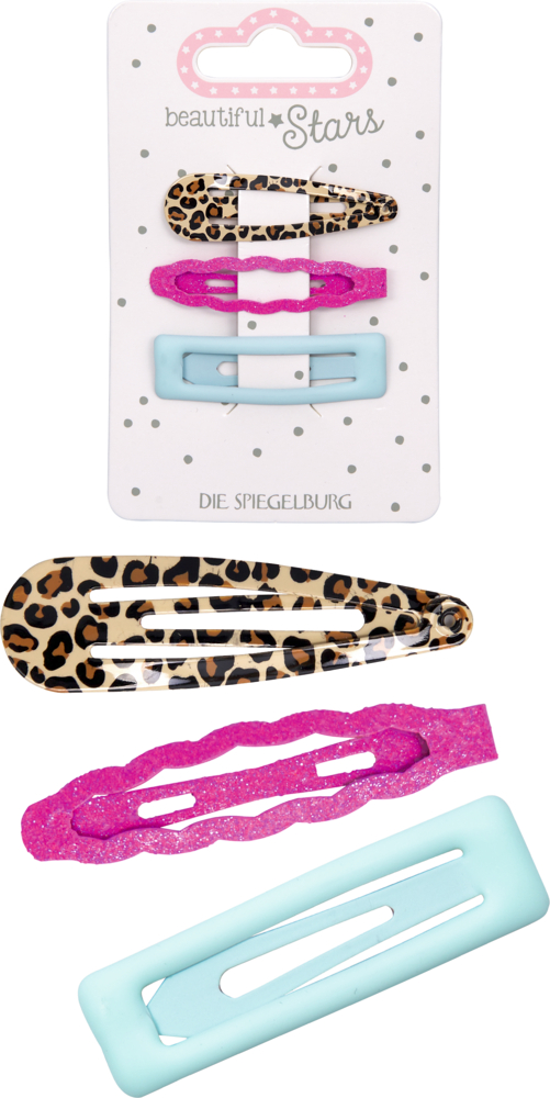 Set aus drei Haarspangen in Leopardenmuster, glitzerndem Pink und einfarbigem Hellblau, dadrüber diese drei Haarspangen auf der Produktverpackung.