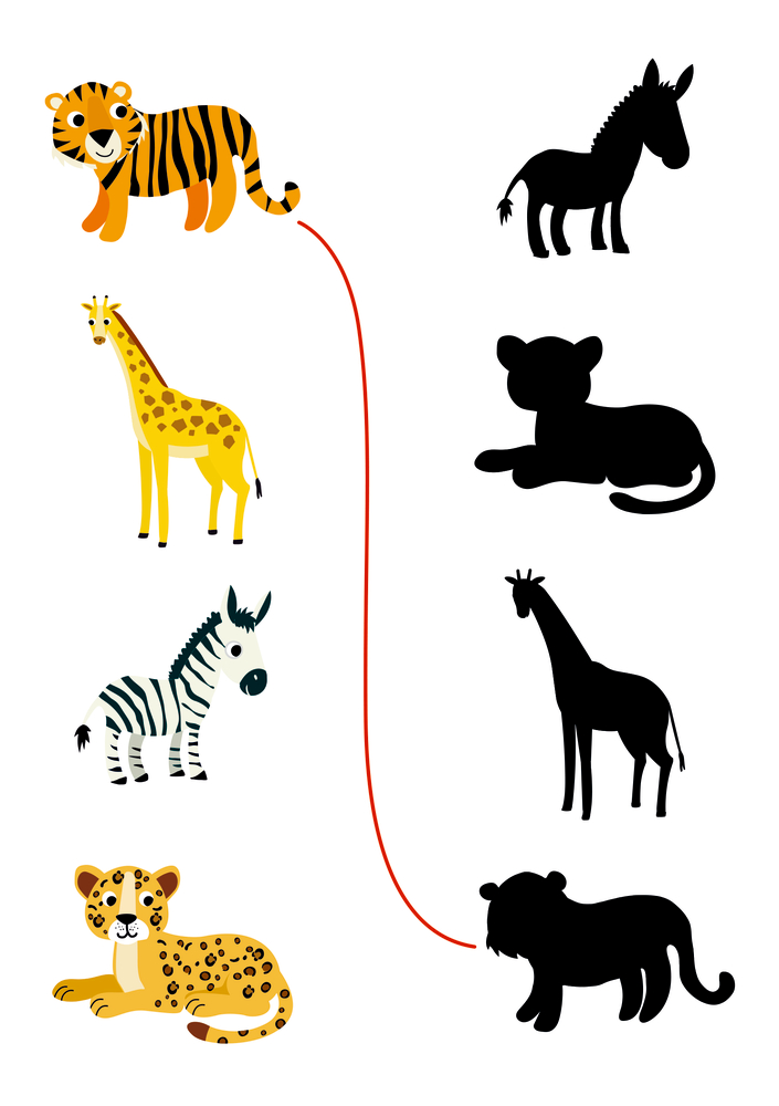 Cartoon-Tiere mit roten Linien zu ihren Schattenbildern: Tiger, Giraffe, Zebra, Gepard.