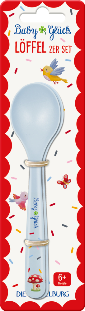 Zwei hellblaue Babylöffel in farbenfroher Verpackung mit Vogel-, Schmetterlings- und Pilz-Illustrationen.